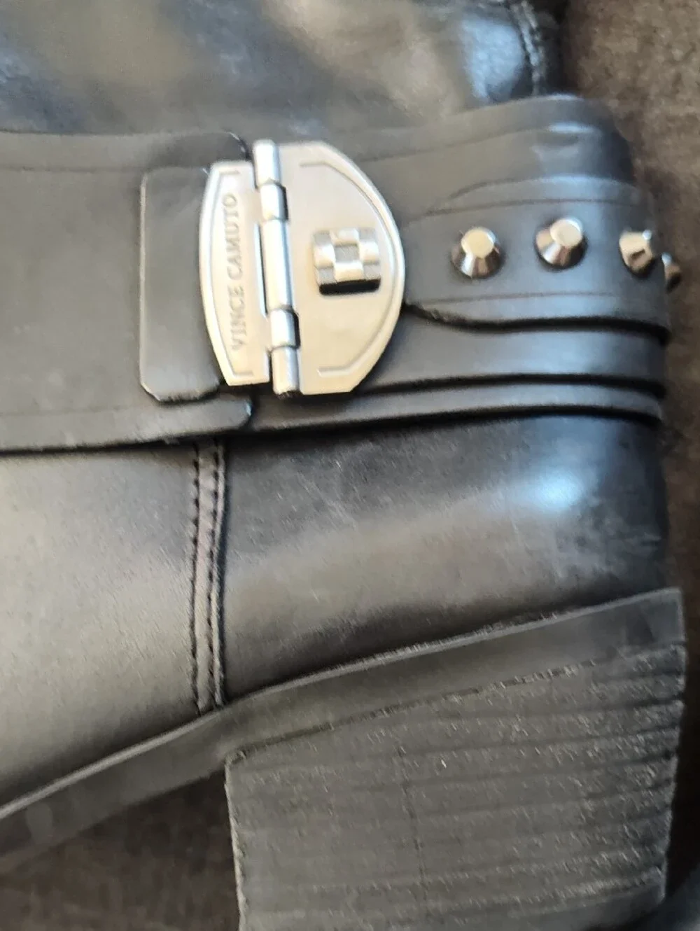 Vince Camuto Black Leather Over-the-Knee Boots with Stud and Buckle Detail